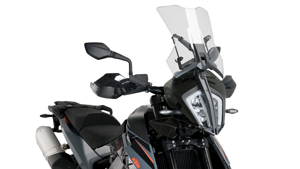 Puig Manual Elevation Mechanism fitted to the windscreen of a KTM 890 Adventure motorcycle.