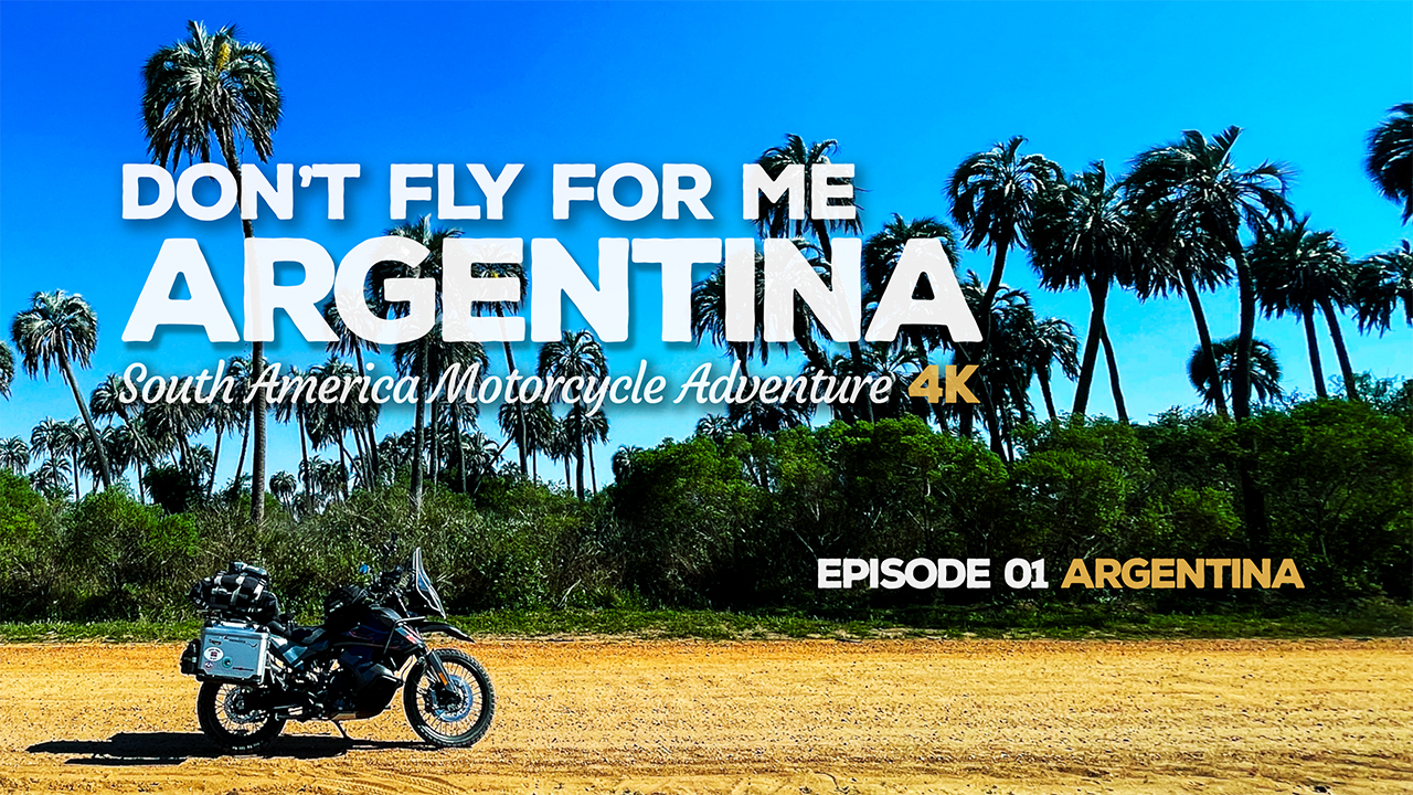 A KTM 890 Adventure motorcycle on a dirt road in the El Palmar National Park, Argentina