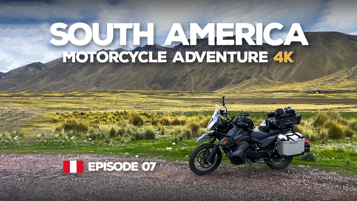 A photo of the KTM 890 Adventure motorcycle in front of some mountains in southern Peru.