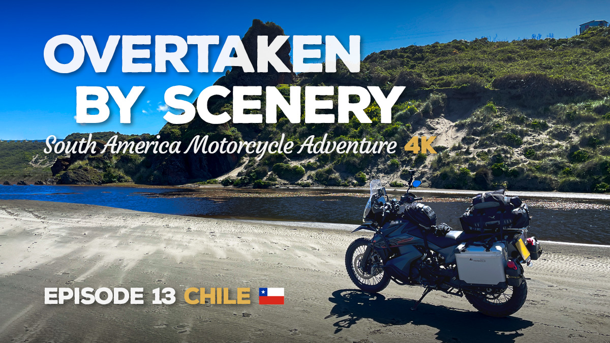 A picture of a KTM 890 Adventure motorcycle on a deserted beach in Chiloe, Chile