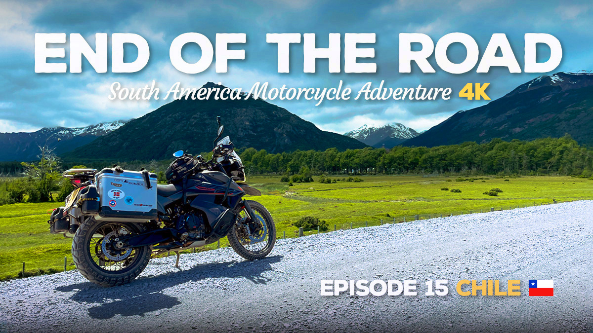 A picture of a KTM 890 Adventure in front of some mountains on the Carretera Austral, Chile.