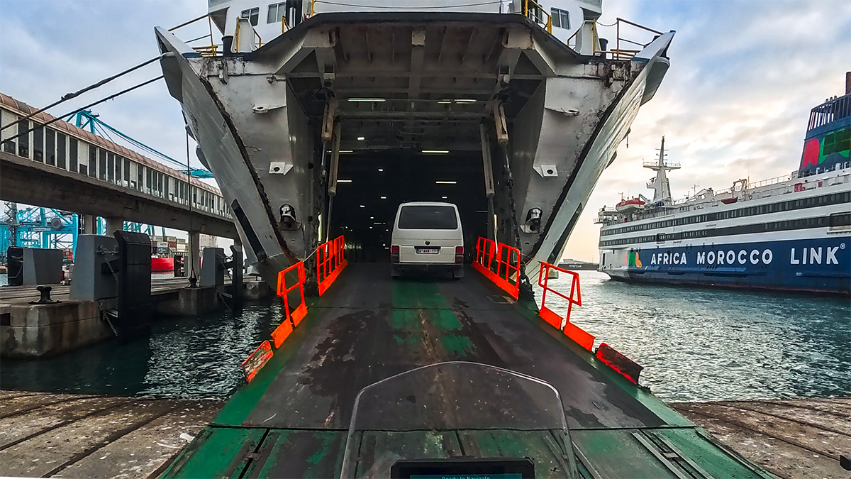 A photo of the boarding ramp for vehicles on a Morocco ferry.