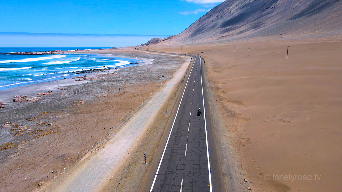 An ariel view of a motorcycle on Ruta 1, Chile