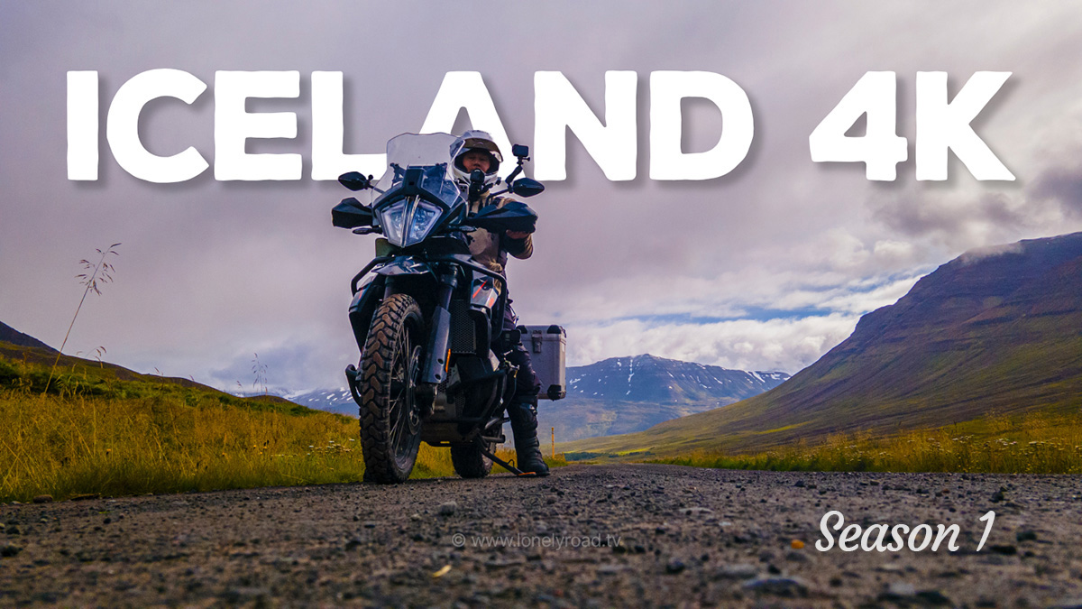 Low angle photo of a man on a KTM 890 Adventure motorcycle in Iceland