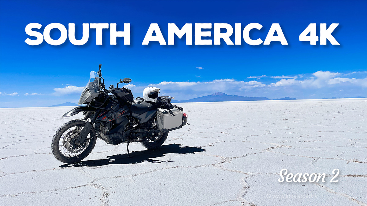 A photo of a KTM 890 Adventure motorcycle on the Uyuni Salt Flats in Bolivia